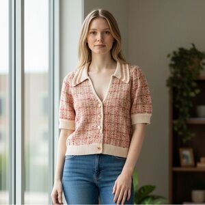 Central Park West Pink and Cream Tweed Short-Sleeve Cardigan